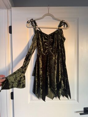 Current Mood Olive Green Velvet Handkerchief Mini Dress